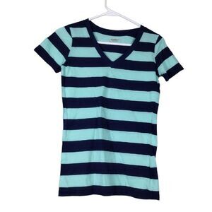 Arizona Jean Company Womens Small Shirt Blue Stretch Short Sleeve Striped